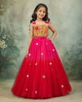 Sleeveless Embroided yellow Top With Red and Coral Pink Skirt (New)