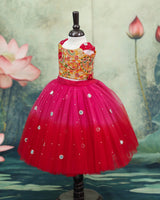 Sleeveless Embroided yellow Top With Red and Coral Pink Skirt (New)