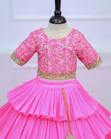 Baby Pink Embroidery Crop Top With Pleated Layered Skirt