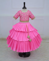 Baby Pink Embroidery Crop Top With Pleated Layered Skirt