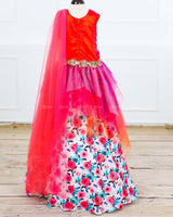 Warm colour asymmetrical peplum long top with detachable dhupatta and printed skirt