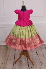 Lotus theme green brocade gown with pink pleated peplum top