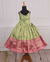 Lotus theme green brocade gown with pink pleated peplum top