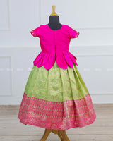 Lotus theme green brocade gown with lotus petal peplum hand crafted top