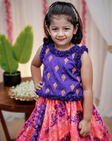 Purple and pink water colour printed skirt with ruffled detailed purple top