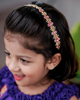 Purple and pink water colour printed skirt with ruffled detailed purple top