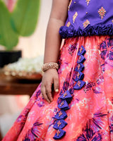 Purple and pink water colour printed skirt with ruffled detailed purple top