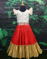 TECHIPOOVU - Cream and red combo pattupavada with hand crafted flower detailing