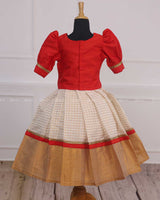 Red with checked kerala kasavu skirt and top