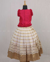 Kerala kasavu skirt with strip design and pink stylish top