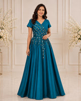 Satin Short-Sleeve Leaf & Flower Embroidered Full-Length Gown - Emerald Green (New)