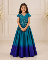Satin Short-Sleeve Ombre Leaf & Flower Embroidered Full-Length Gown - Emerald Green & Royal Blue(New)