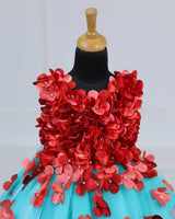 Aqua Blue and Red Flower Petal Frock