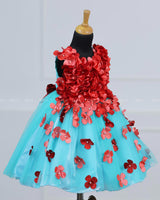 Aqua Blue and Red Flower Petal Frock