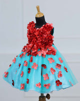 Aqua Blue and Red Flower Petal Frock