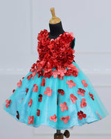 Aqua Blue and Red Flower Petal Frock