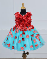 Aqua Blue and Red Flower Petal Frock