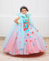 Aqua Blue & Coral Flower Frock with Long Bow Sleeves