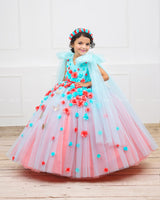 Aqua Blue & Coral Flower Frock with Long Bow Sleeves