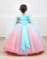 Aqua Blue & Coral Flower Frock with Long Bow Sleeves