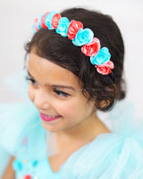 Aqua Blue & Coral Flower Frock with Long Bow Sleeves