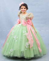 Sage Green Gown with White Flower Applique Detailing & Blush Pink Long Bow