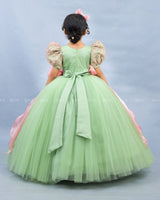 Sage Green Gown with White Flower Applique Detailing & Blush Pink Long Bow