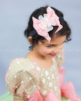 Sage Green Gown with White Flower Applique Detailing & Blush Pink Long Bow