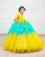 Mari Gold & Sky Blue Asymmetrical Frock with Flower & Bead Work