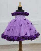 Lavender Cold Shoulder Flower Gown with Purple Floral & Butterfly Embellishment