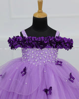 Lavender Cold Shoulder Flower Gown with Purple Floral & Butterfly Embellishment