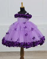 Lavender Cold Shoulder Flower Gown with Purple Floral & Butterfly Embellishment