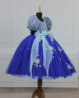 Royal Blue Gown with White Flower Applique Detailing & Light Blue Long Bow