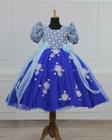 Royal Blue Gown with White Flower Applique Detailing & Light Blue Long Bow