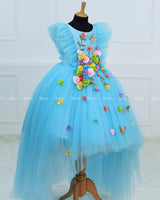 Sky Blue High Low Frock with Multicolour Flowers, Leaves & Butterflies.