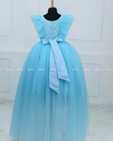 Sky Blue High Low Frock with Multicolour Flowers, Leaves & Butterflies.