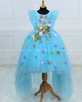 Sky Blue High Low Frock with Multicolour Flowers, Leaves & Butterflies.