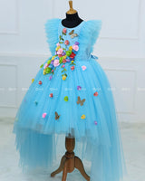 Sky Blue High Low Frock with Multicolour Flowers, Leaves & Butterflies.