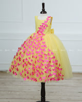 Yellow Partywear Frock with Spreaded Pink Butterflies.
