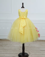 Yellow Partywear Frock with Spreaded Pink Butterflies.
