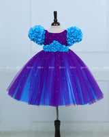 Purple & Sky Blue Frock with Ball Flower Sleeves