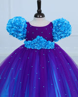 Purple & Sky Blue Frock with Ball Flower Sleeves