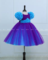 Purple & Sky Blue Frock with Ball Flower Sleeves