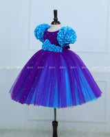 Purple & Sky Blue Frock with Ball Flower Sleeves