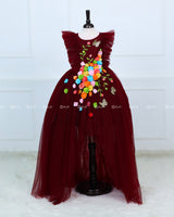 Maroon HIgh Low Frock with Multicolour Flowers & Leaves