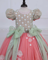 Peach Color Gown with White Flower Applique Detailing & Light Green Long Bow