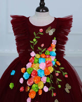Maroon HIgh Low Frock with Multicolour Flowers & Leaves
