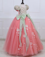 Peach Color Gown with White Flower Applique Detailing & Light Green Long Bow