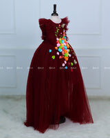 Maroon HIgh Low Frock with Multicolour Flowers & Leaves
