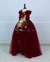 Maroon HIgh Low Frock with Multicolour Flowers & Leaves